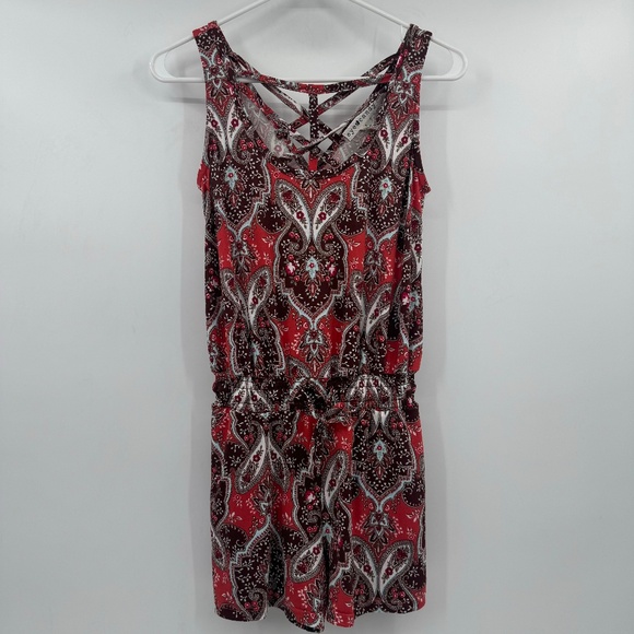 Eye Candy Romper Women Small NEW Orange Brown Sleeveless Paisley Stretch Pockets - Picture 1 of 11